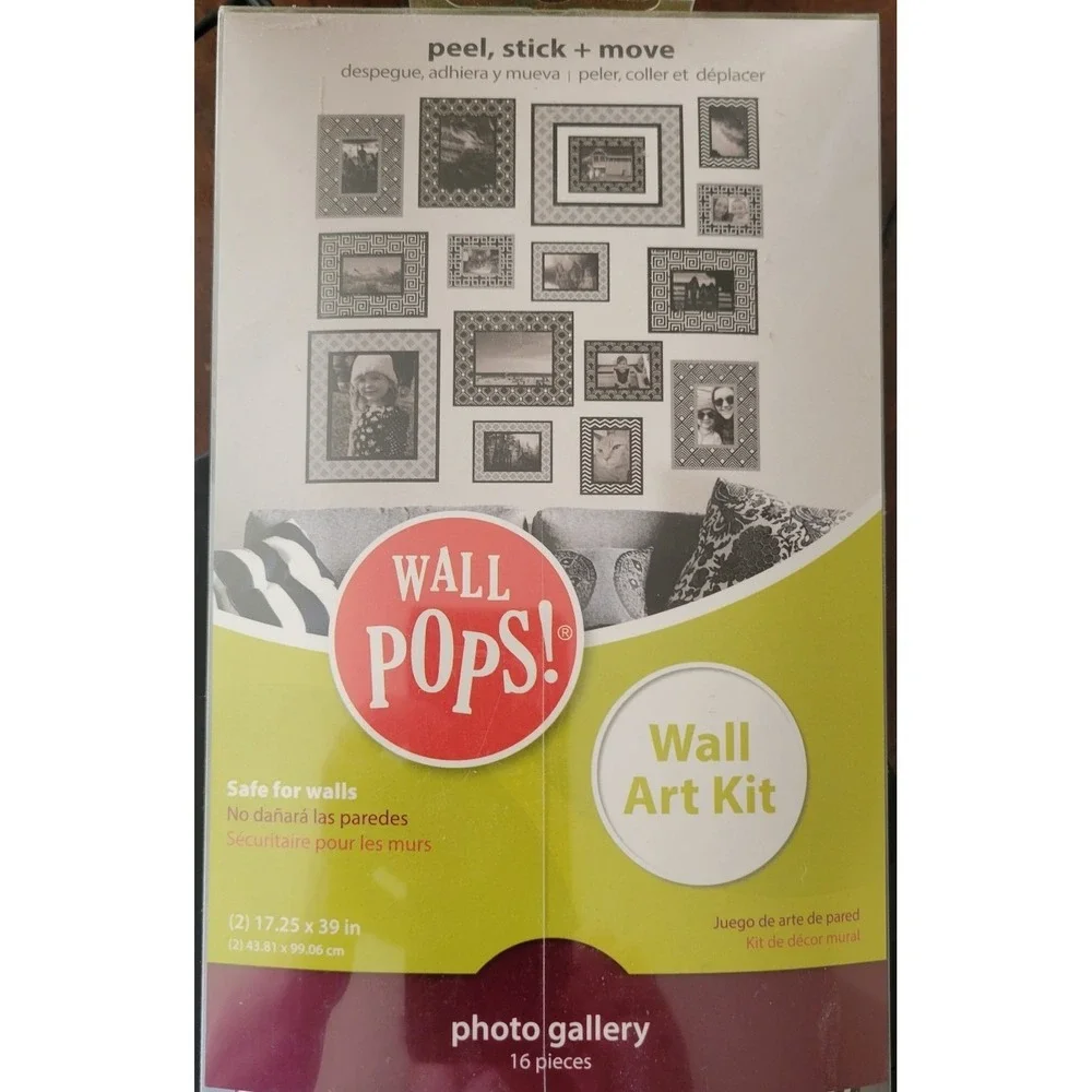 Wall Pops Photo Gallery Wall Art Kit Unisex OS Black Grey New 16 Piece Decal Set